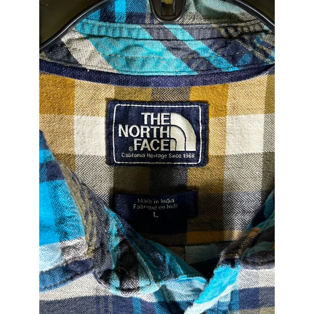 The North Face Men Large Blue Green Plaid Long Sleeve Button Down Shirt Heritage